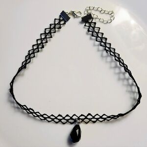 Black Lace Choker Necklace with Faceted Onyx-Style Drop